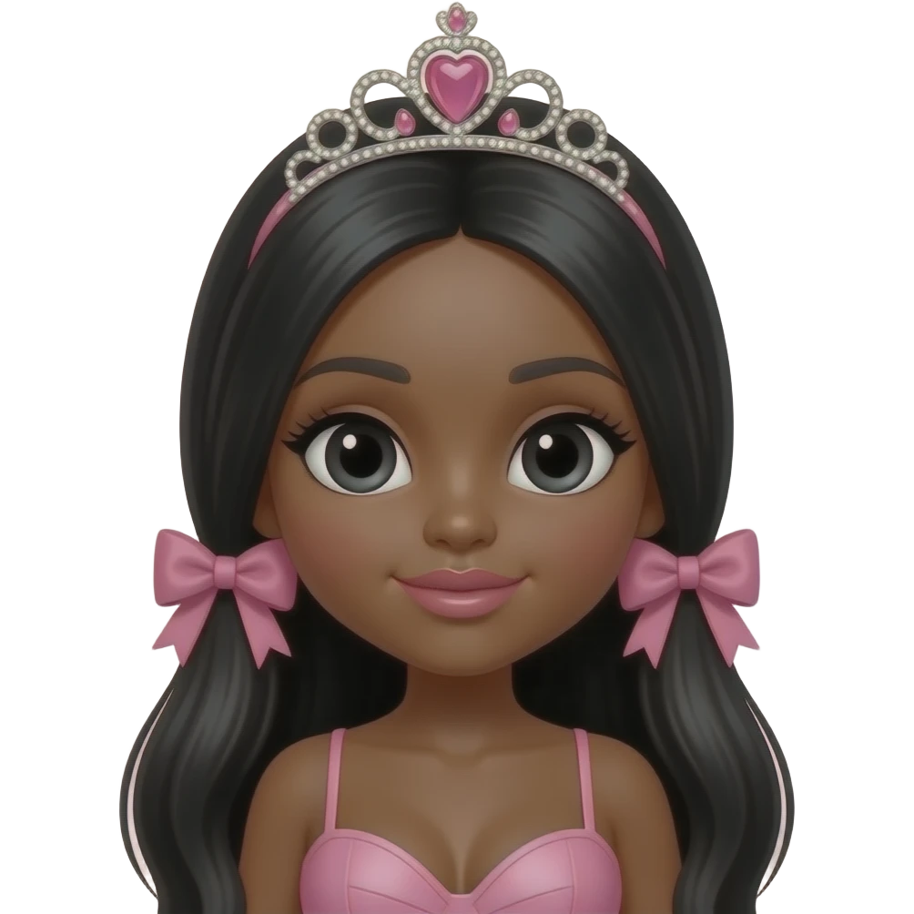 pink tiara, doll eyes, Doll, big chest, dark brown skin, with middle part long black hair, black cute eyes, pink bows with cute lip, without no bra emoji