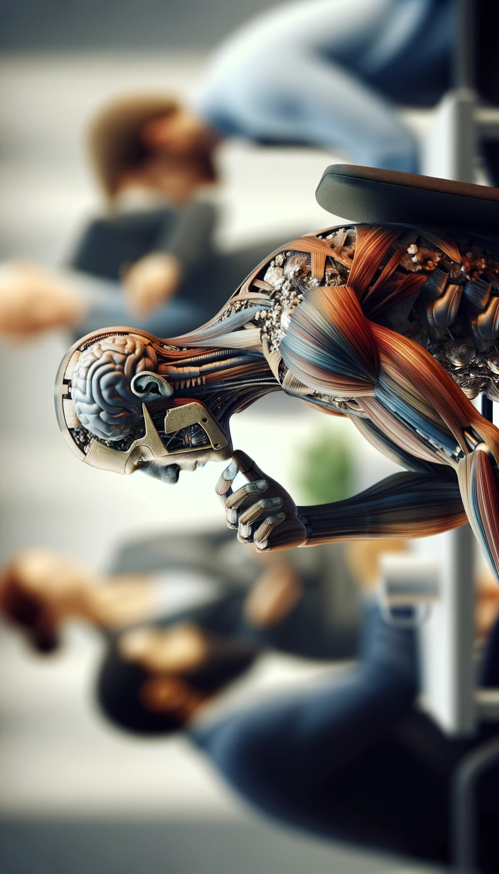 CORPO UMANO ANATOMICO SEDUTO IN UFFICIO CON PERSONE SFOCATE SULLO SFONDO CHE GLI PARLANO E LO ASSILLANO, LUI SI TIENE LE MANI SULLA TESTA ED è MOLTO STANCO E STRESSATO, IPERREALISTICO 4K emoji
