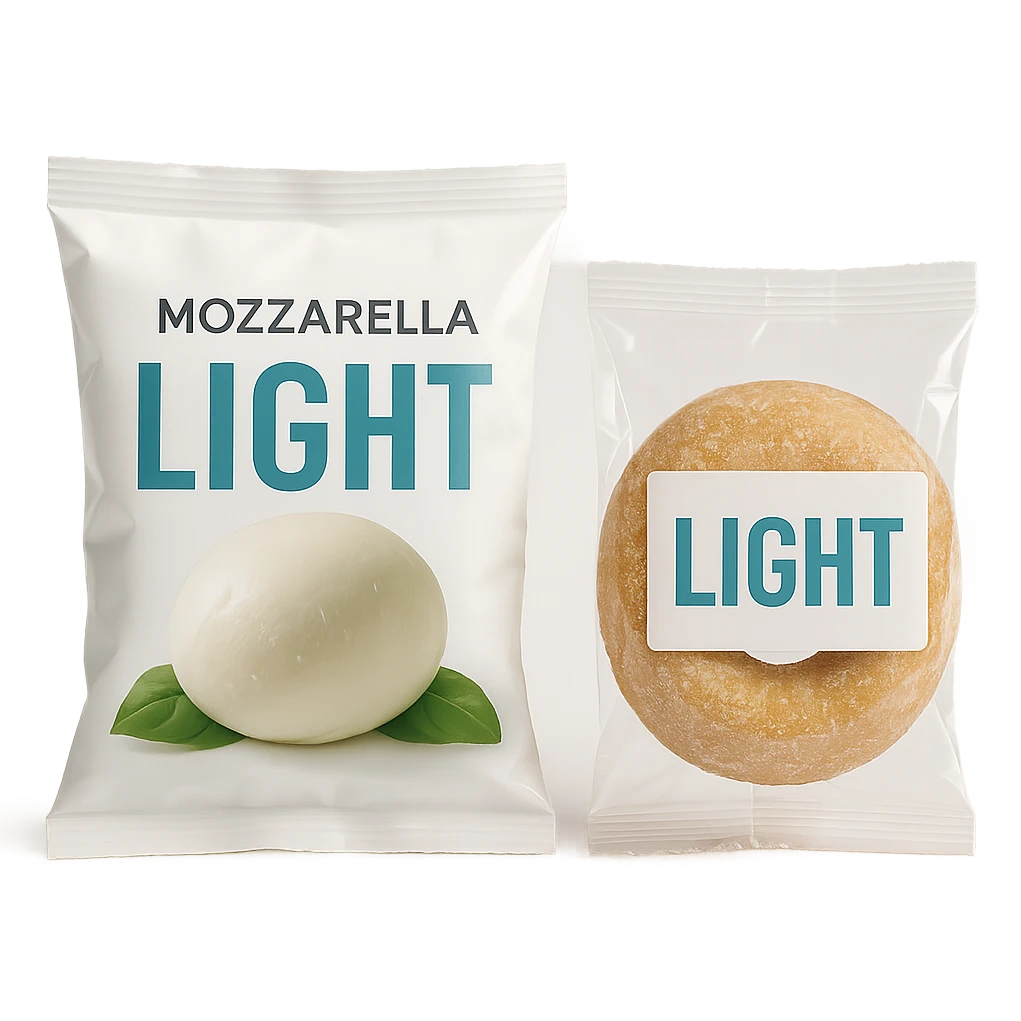 PACCHTTO DI MOZZARELLA LIGHT CON LA SCRITTA "LIGHT" SULLA CONFEZIONE, ACCANTO AD UN DONUT CONFEZIONATO CON LA SCRITTA "LIGHT" SULL'ETICHETTA,  iperrealistico 4k emoji