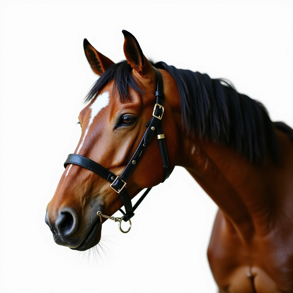 Hermès-style horse head with elegant leather harness, luxury, photorealistic, white background emoji