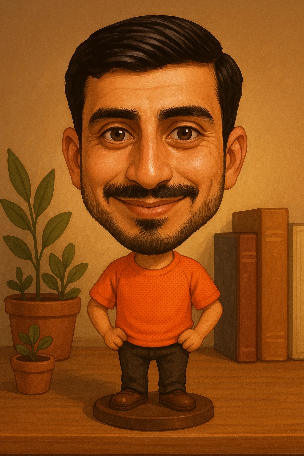 Create a bobblehead-style cartoon of the person in the reference image with a large head, small body, and a playful, friendly expression, rendered in bobblehead style. emoji