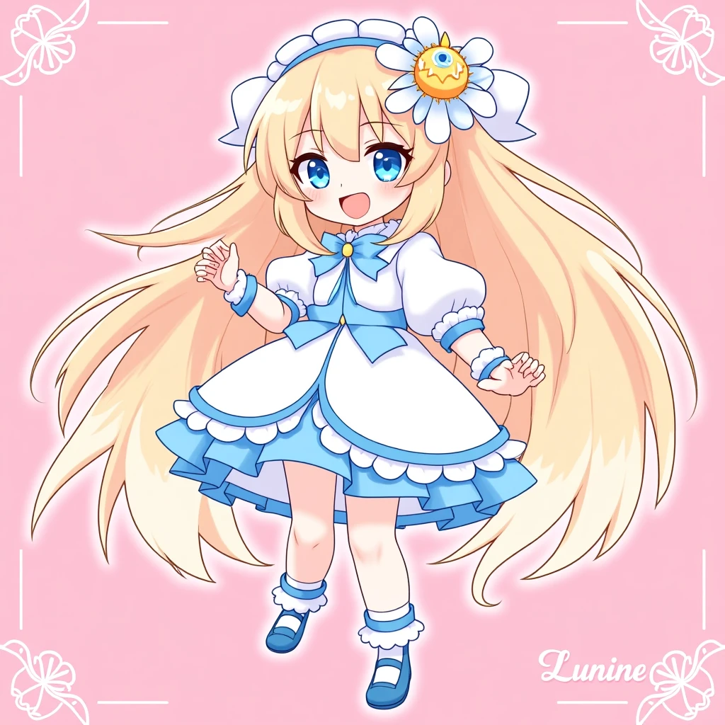 Take the image of the video game character Lumine from the video game Genshin Impact and make it as true to the original anime art style of the game as possible, full body, pretty, official sprite art, flower in hair emoji