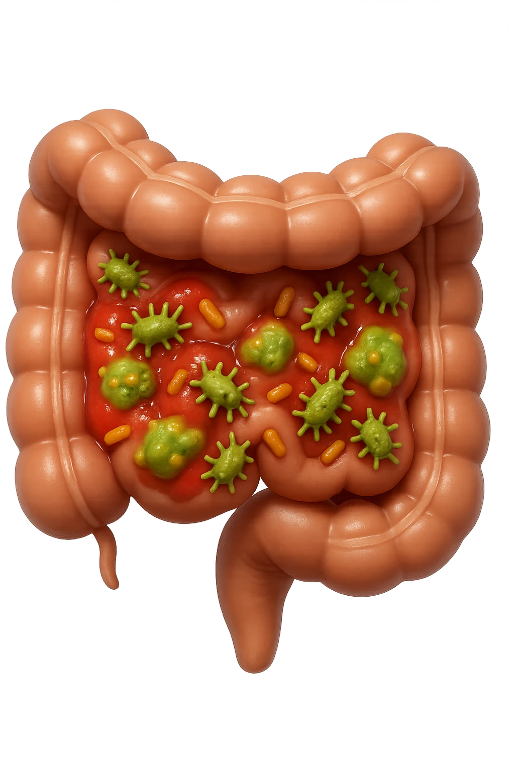 emoji stile iphone in 3d di intestino realistico con infezione e batteri dentro, iperrealistico 4k emoji