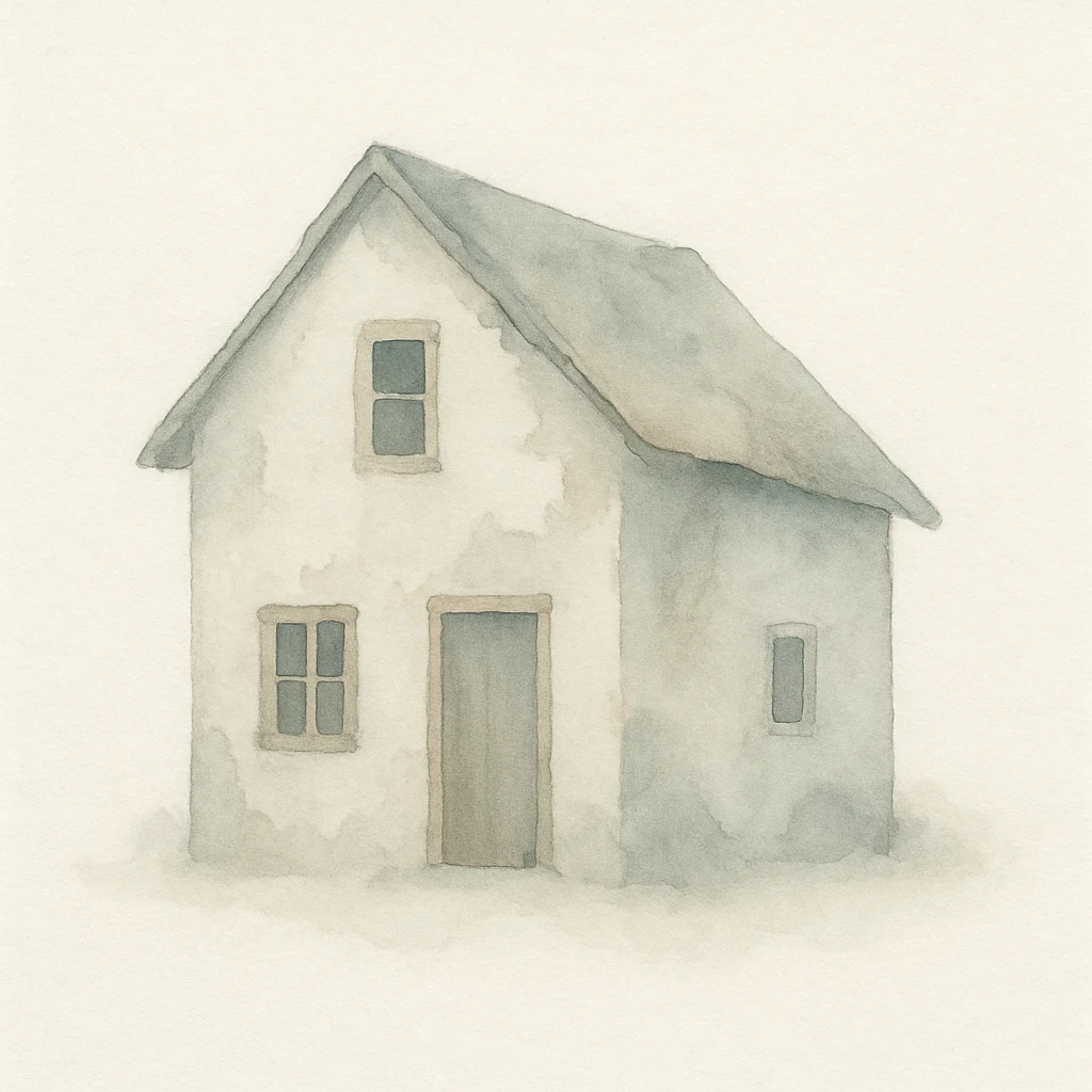shabby house, cozy watercolor style, peeling paint, crooked roof emoji