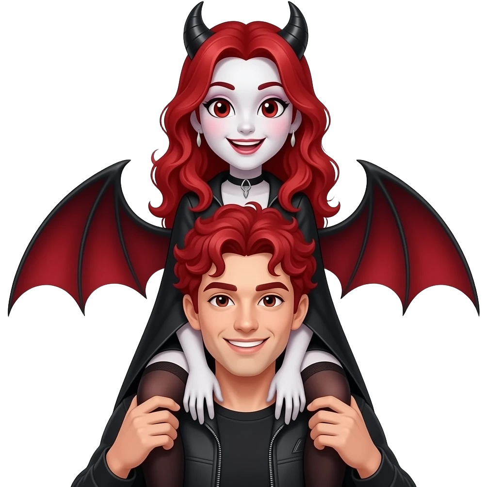 Vampiro femmina adolescente con la pelle bianca e i capelli rossi che  sta sopra la  schiena del suo fidanzato VAMPIRO con la pelle bianca e i capelli ricci ro e sono felici emoji