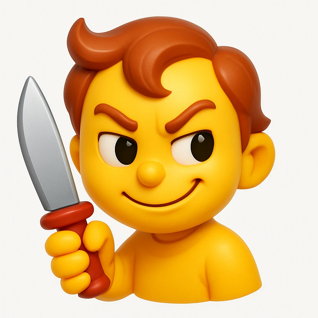 A 3D emoji in iOS emoji aesthetic style of a mischievous character holding a toy knife, with a playful smirk and cartoonish expression, not scary, bright colors, glossy surface, soft lighting, clean white background.
 emoji