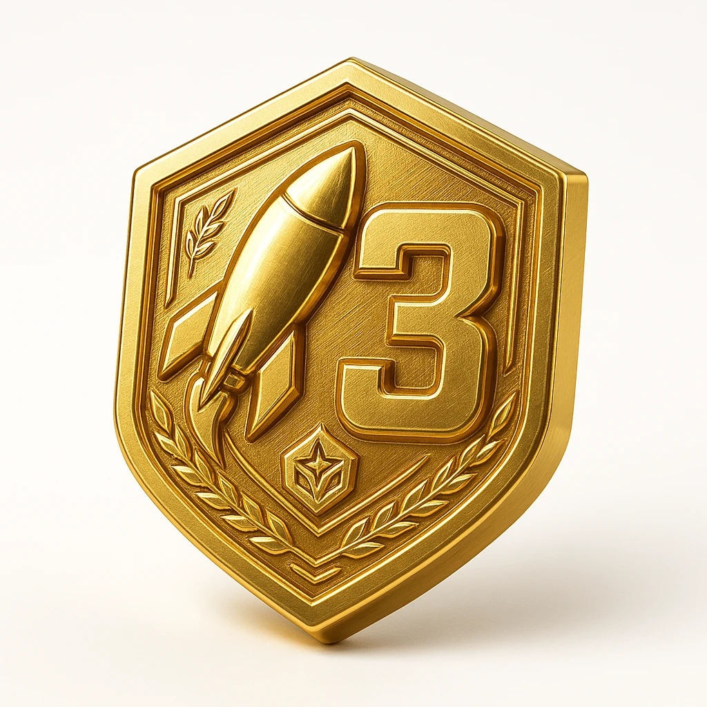 golden badge with a rocket silhouette and a bold 3, modern competitive gaming style, vibrant and energetic emoji