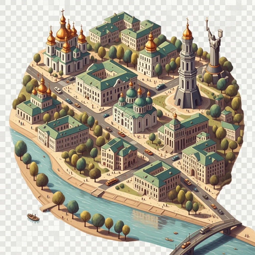 Isometric illustration of photorealistic Kyiv, balanced between paint stylized and realistic, 3D miniature effect, transparent background. emoji