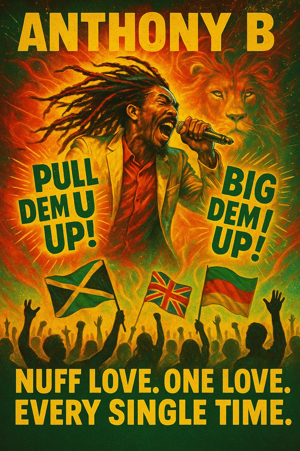 A vibrant reggae-inspired poster scene featuring Anthony B in full performance energy — dreadlocks flying, mic in hand, mid shout, pulling up the riddim. The background is a glowing fusion of red, gold, and green flames with lion imagery and subtle cosmic light trails. Around him, the words “Pull Dem Up! Big Dem Up!” explode like soundwaves. Below, a crowd of diverse viewers is shown — silhouettes of people from all nations, hands raised, flags waving (Jamaica, UK, Africa, etc). In bold text across the bottom: “Nuff Love. One Love. Every Single Time.” emoji