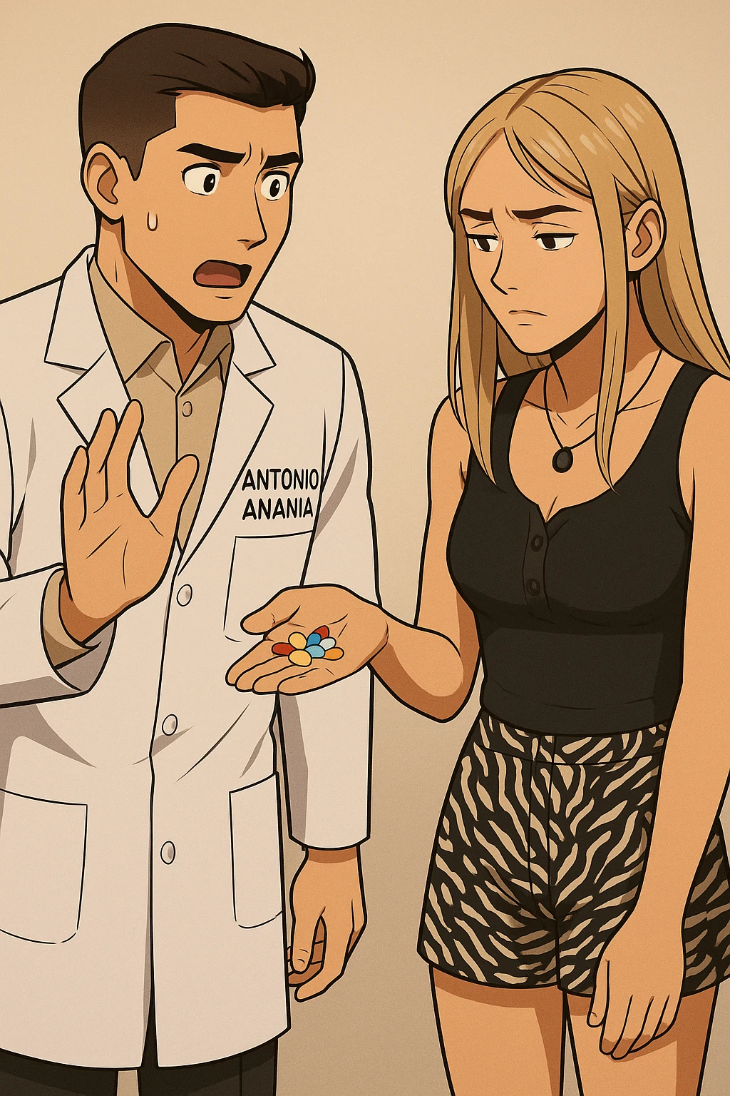 fai un webtoon/manga a colori con questo kinesiologo in camice bianco (fagli la scritta "ANTONIO ANANIA" SUL CAMICE) CHE PARLA CON QUESTA RAGAZZA. LA RAGAZZA HA UN PUGNO DI INTEGRATORI IN MANO (TANTE PILLOLE DIVERSE) E LE GUARDA DUBBIOSA. IL KINESIOLOGO CON IL CAMICE BIANCO LE DOMANDA UNA COSA SCIOCCATO. NON FARE I FUMETTI, FAI SOLO LORO COME SE DIALOGASSERO emoji