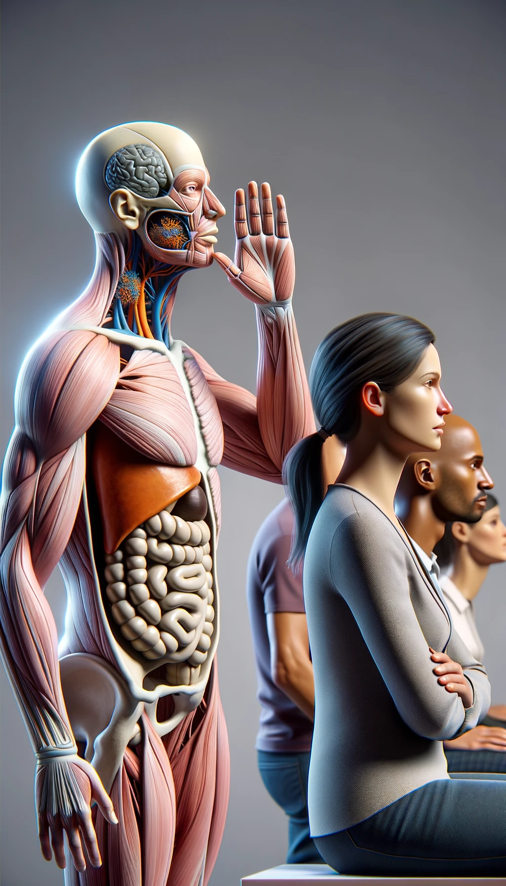 corpo umano anatomico che parla ma sopra di lui c'è il muto, un altra persona lo ascolta, immagine iperrealistica 4k emoji