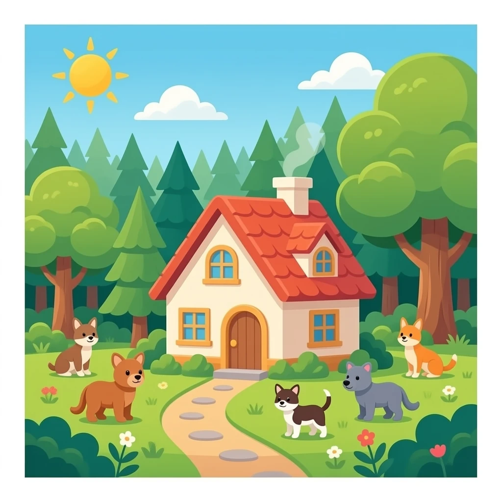 Una casa en medio del bosque, que sea acojedora y que el bosque este lleno de animales bonitos. Haze sol. emoji