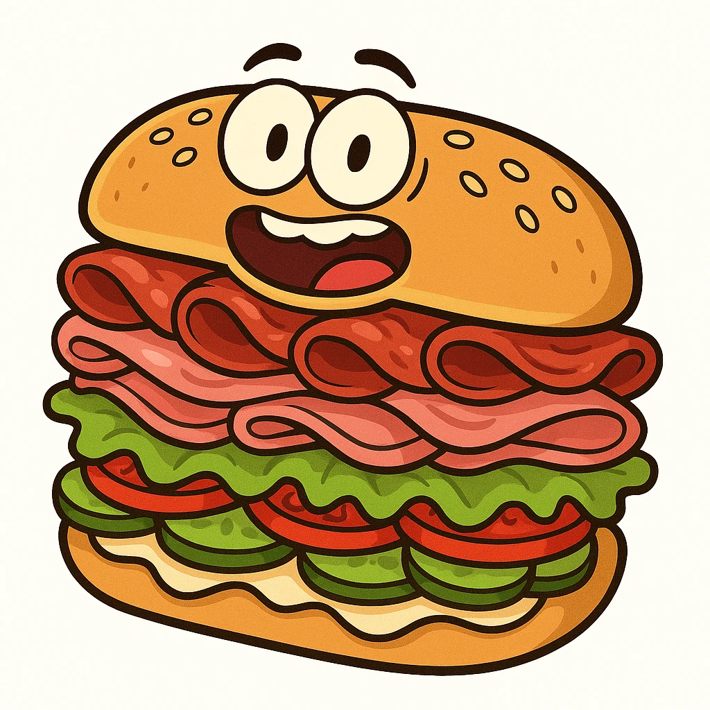 cartoon Italian sub with sesame seed bun, stacked meats and veggies, vibrant, exaggerated proportions, isolated on white background emoji
