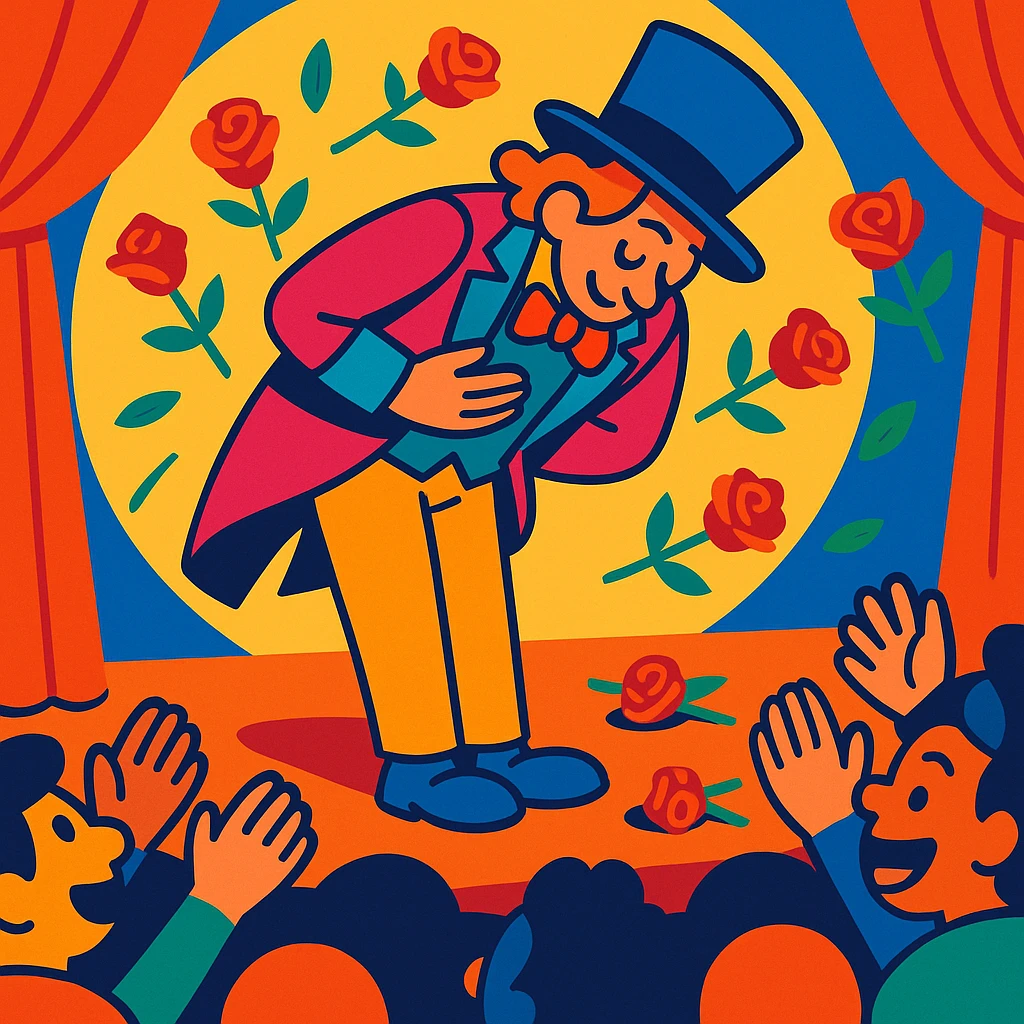 a performer taking a bow before an audience, roses flying through the air, vibrant cartoon style emoji