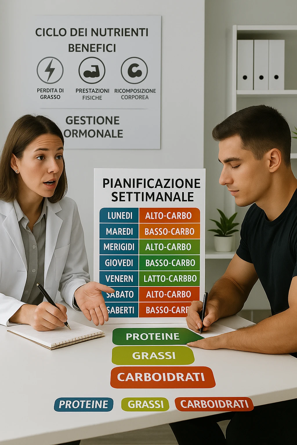 a nutritionist explains to an athlete how to cycle macronutrients for fat loss and training. On the desk, a weekly meal planner shows alternating high-carb and low-carb days, with color-coded sections for proteine, grassi, and carbo. The athlete takes notes, and a chart in the background illustrates the benefits of nutrient cycling. The mood is professional and educational. scritto in italiano emoji