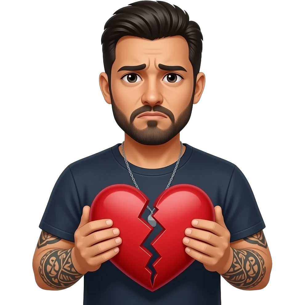 A really sad but angry because he found out she was cheating on him with a bald, headed red bearded guy, andthey are always arguingLatino couple man has a beard, medium hair and tattoos and his wife is beautiful with hazel eyes and shoulder length brown hair and their relationship is broken emoji