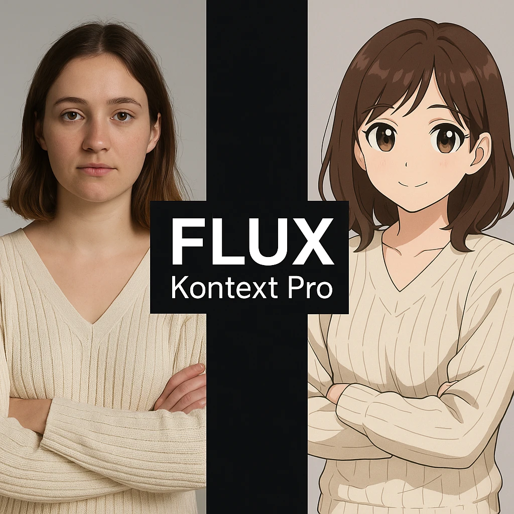 create before after image of a girl before is realsitic photo, after is anime version of her in same pose and clothes, add logo with text of a "FLUX Kontext Pro" in middle in big, black background emoji