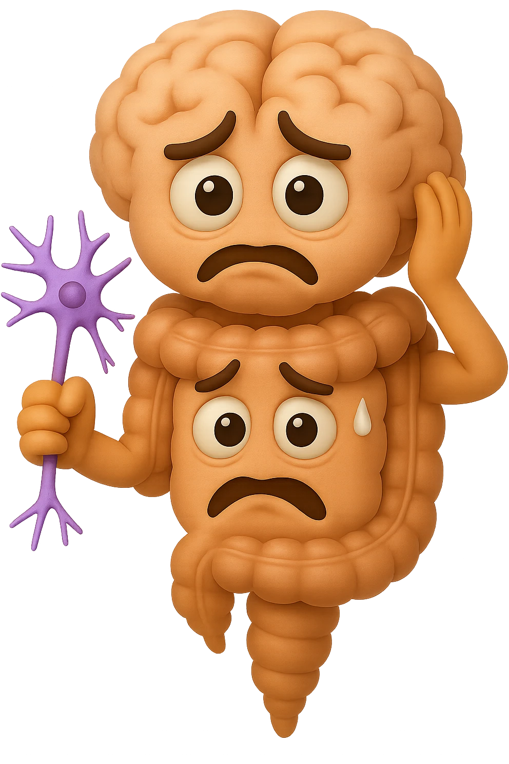 EMOJI STILE IPHONE DI UN INTESTINO collegato verticalmente ad un cervello mentre tiene in mano un neurone, espressione stressata, IPERREALISTICO 4K emoji