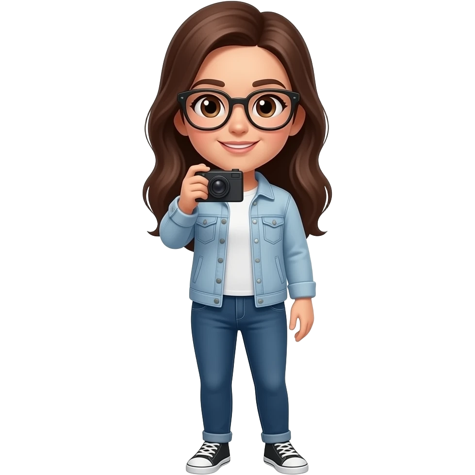 brunette wearing glasses with brown eyes taking picture emoji