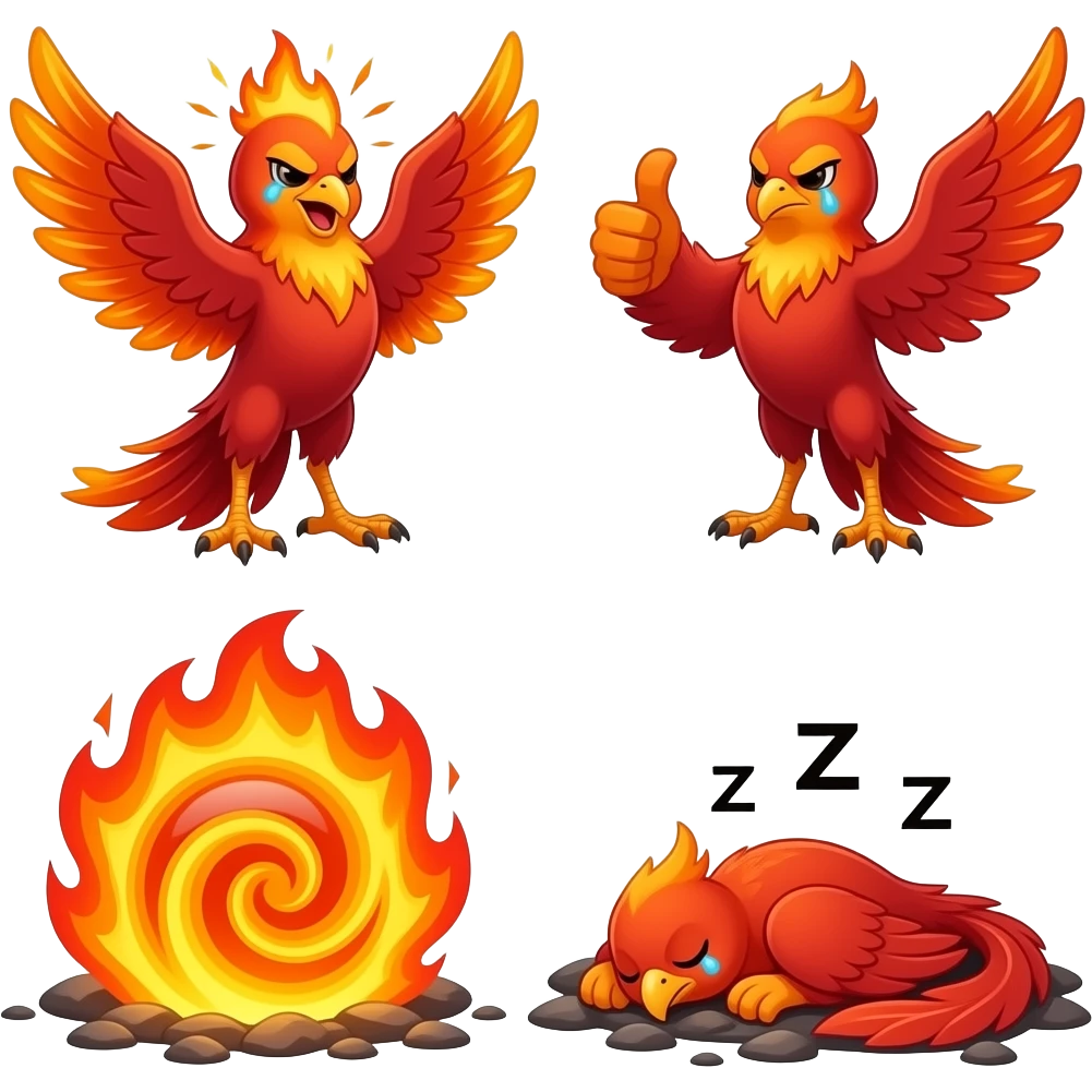 1) excited phoenix wings spread flames burst
2) laughing phoenix eyes closed sparks
3) angry phoenix glowing eyes intense flames
4) sad phoenix dim flames teary eyes
5) phoenix turning into fireball swirl
6) phoenix giving thumbs up with wing
7) sleeping phoenix in ashes zzz emoji
