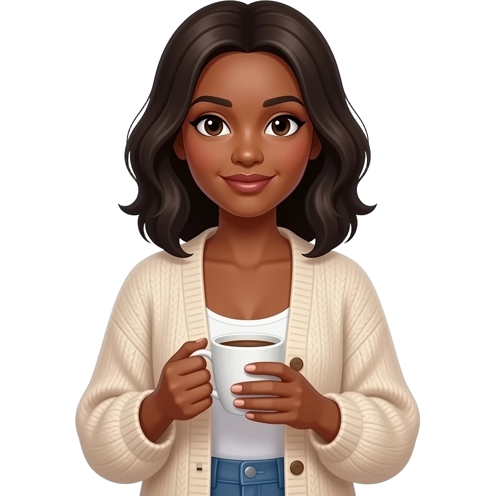 BLACK BALD WOMAN  WITH SHOULDER LENTH HAIR IN FLOWY CARDIGAN HOLDING A CUP OF COFEE emoji