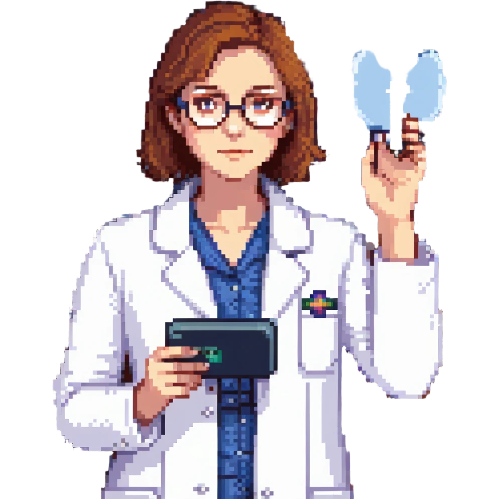 Flat pixel art, a female chemist, wearing glasses, white lab coat over indigo shirt, focusing on lab experiment, holding a flash in her right hand, waist-up, front-facing emoji