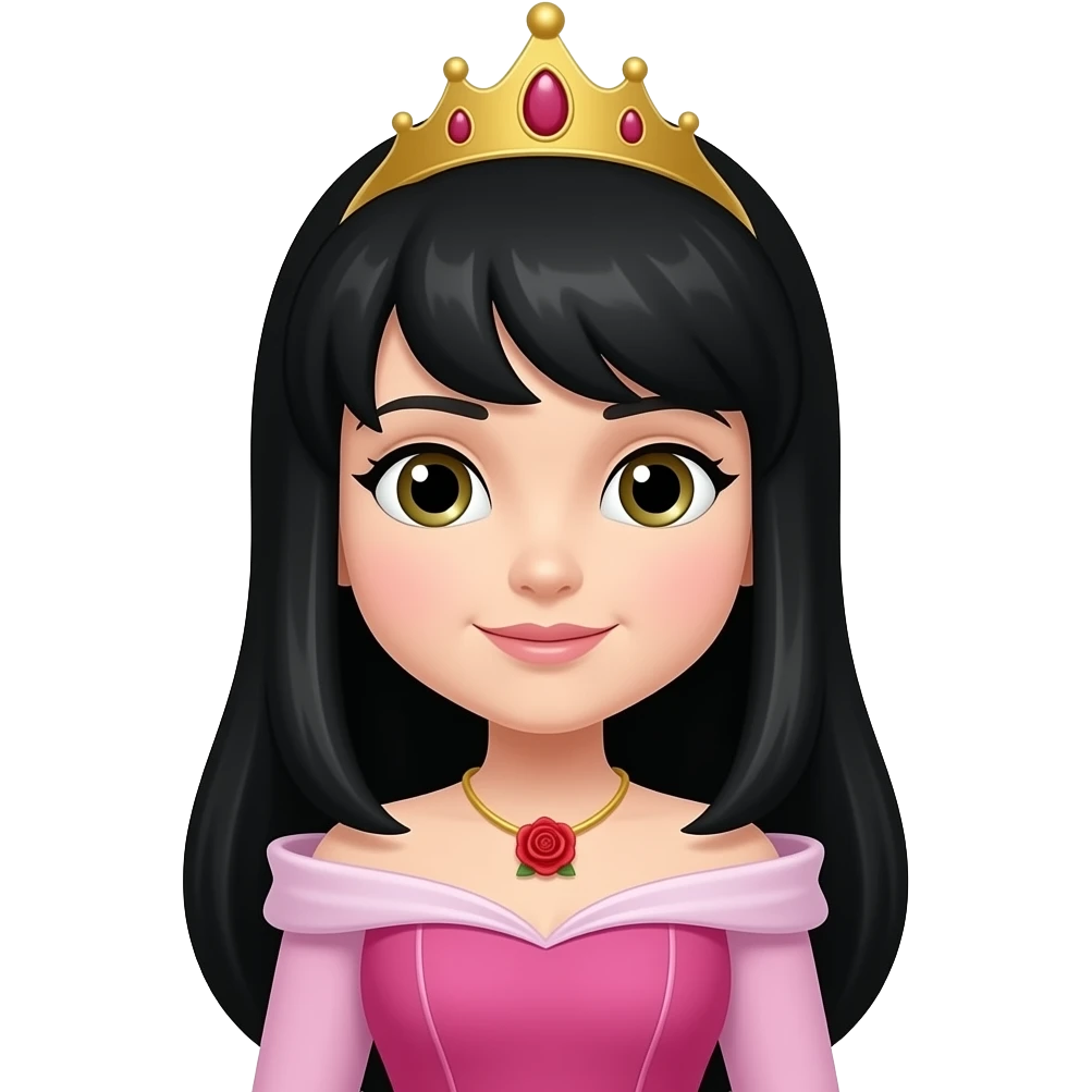 Princess Aurora but the hair is black. Then change the necklace into a red rose necklace the dress should be a pink one like sleeping beauty. Can you straighten the hair. And make the face a little rounder. Put a crown. Make the face a little nonchalant emoji