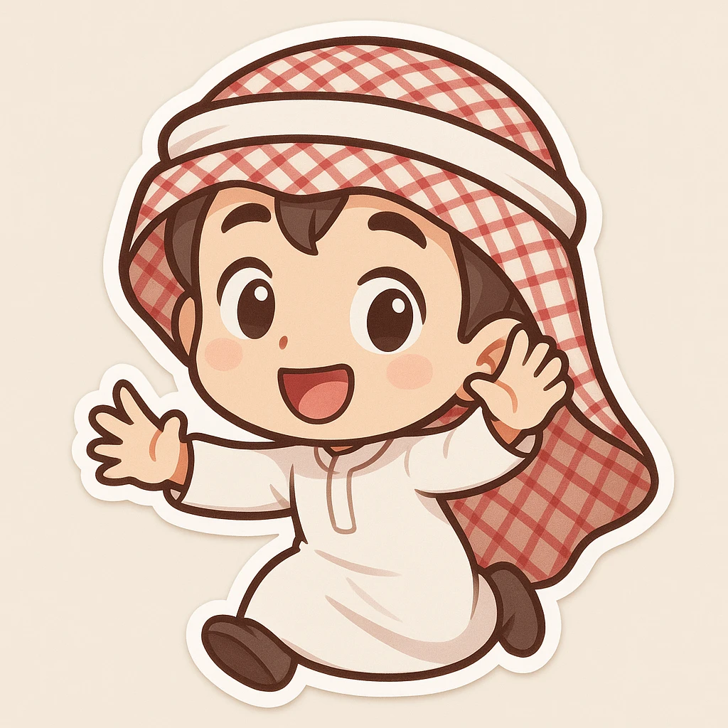 cartoon boy with a red and white shemagh, cute style, playful pose, chibi style emoji
