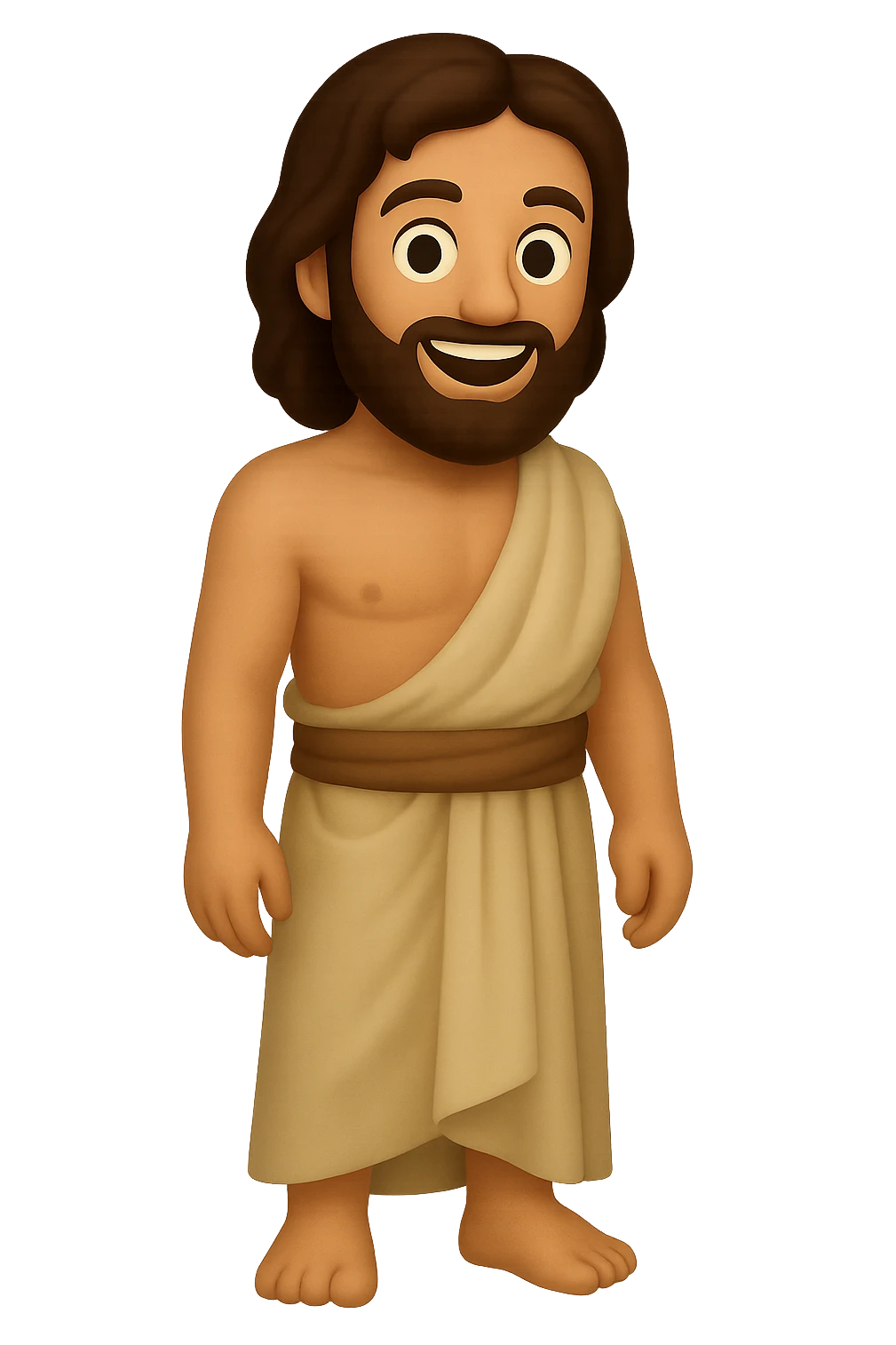 Create a portrait mode image of Apostle Peter in classic emoji style with lighter colors. He should be shirtless with plain robes, a full beard, smiling, and no background. Focus on a classic emoji look with simplified features and lighter color palette. emoji