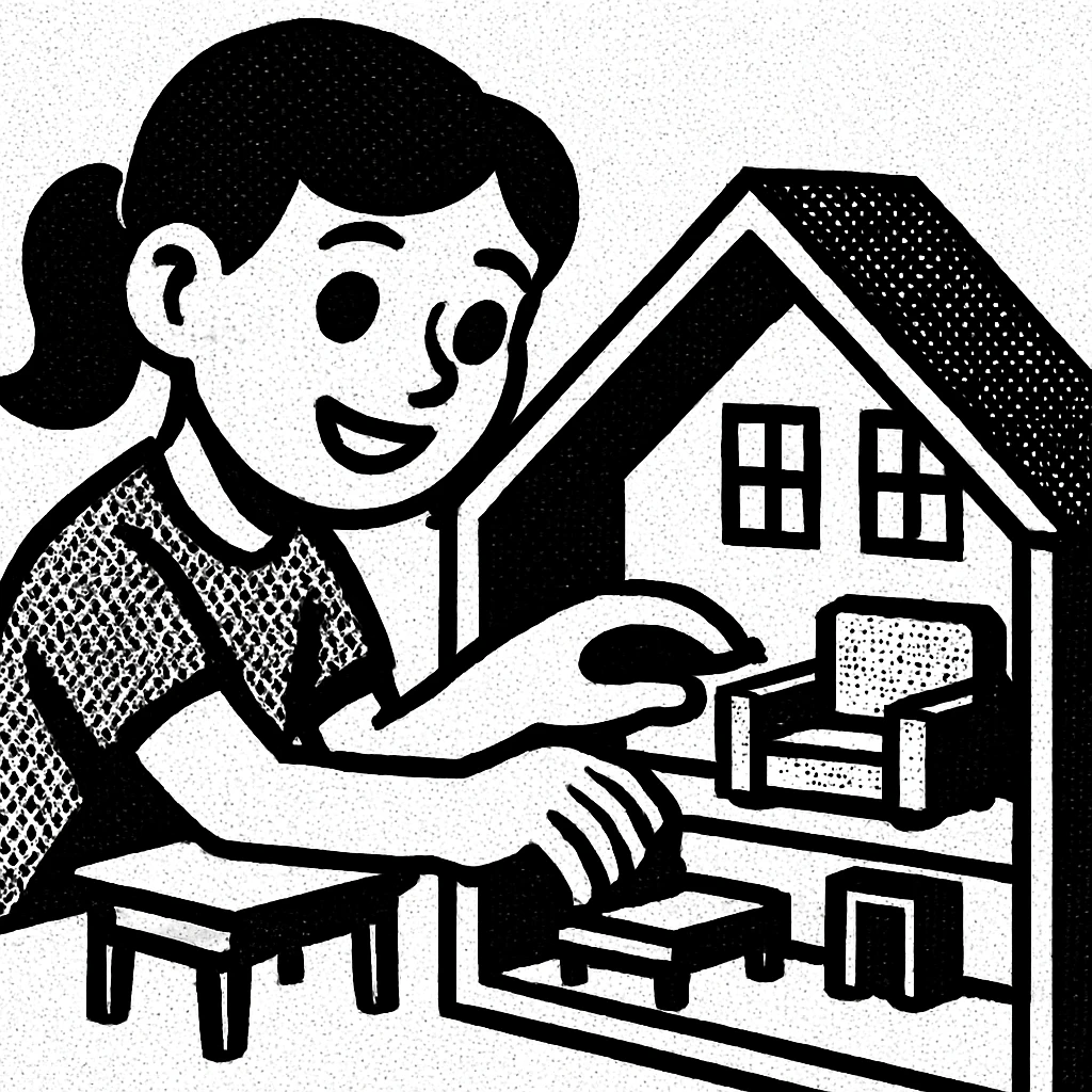 smiling girl arranging furniture in doll house emoji