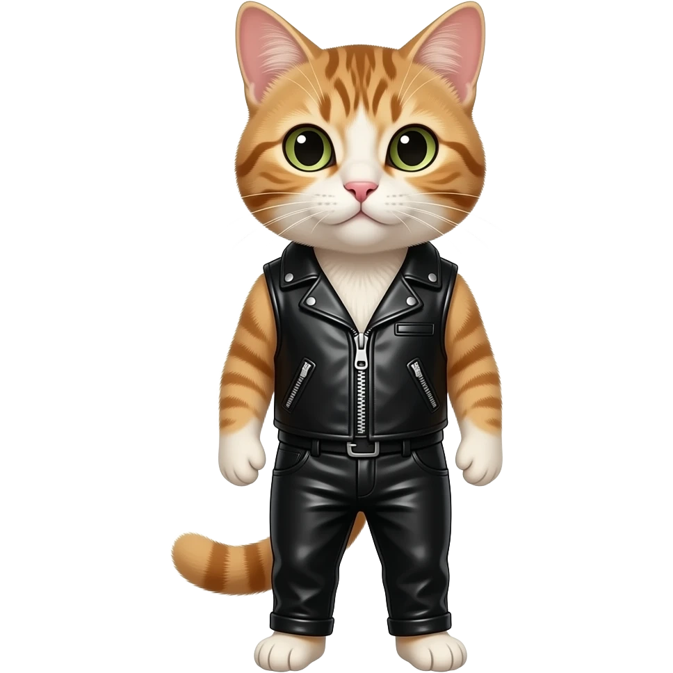 a cat wearing unzipped leather vest and black leather pants emoji