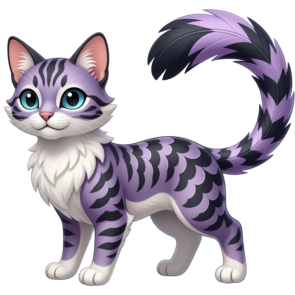 Scroll-patterned feathery elegant realistic Furry, feathery fluffy tropical flecked painted feathery scaly, Purple, white, black, Minccino-Bambino-Lykoi-Linoone-Zangoose-fusion-hybrid-animal-Fakémon-creature, full body, thin long sleek scaly tail, intricate markings emoji