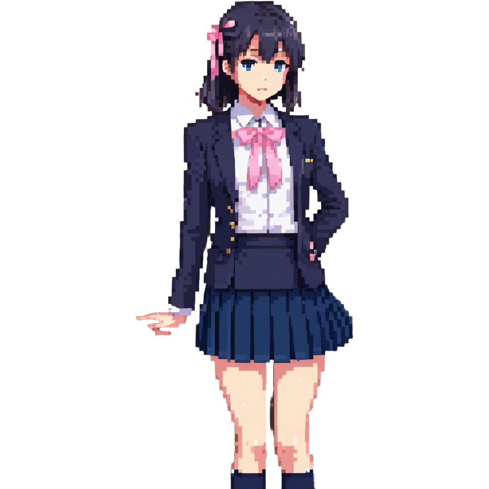 Japanese anime schoolgirl in a navy blazer, white blouse with pink ribbon, navy pleated skirt, standing in a classroom at sunset with orange glow and long shadows, one desk pulled out, black shoes, looking toward window, mood of absence and longing emoji