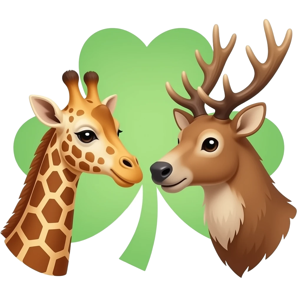 Einfacher Giraffenkopf und Elchkopf schauen sich an mit Vierblätter Glücksklee emoji