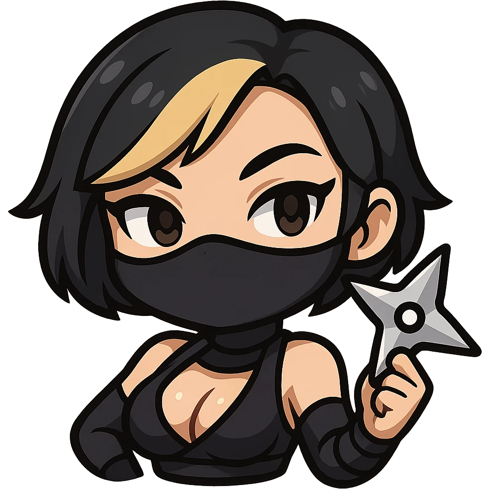 Sexy chibi ninja girl with black short hair and a blonde streak, only head and arms, bold outlines, transparent background, different pose: holding a ninja star in one hand, confident expression, sized for Twitch emoji use. emoji