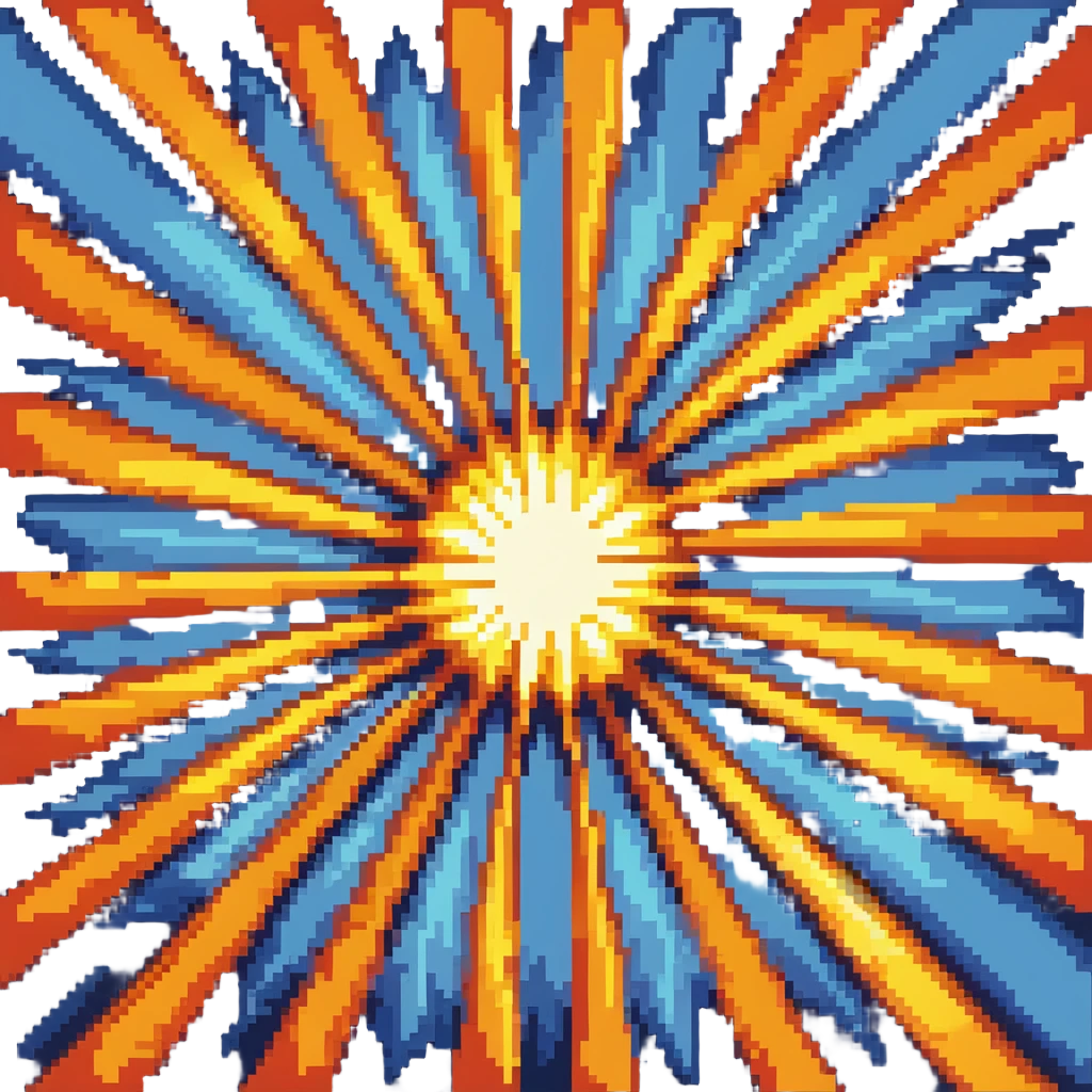 Bomberman explosion center tile animation frame 2, full size bright fiery explosion core, yellows and oranges radiating from center, peak of explosion emoji