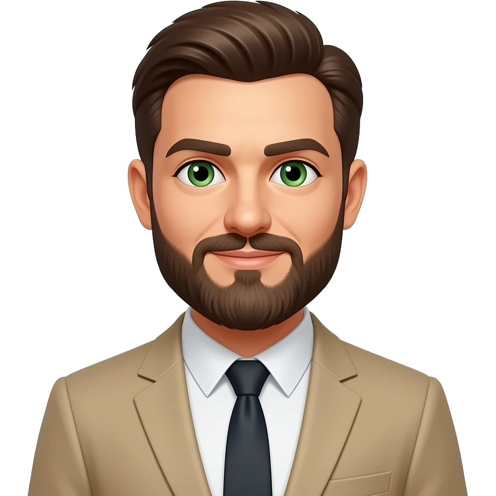 homme d'honneur avec barbe yeux vert en costume beige emoji