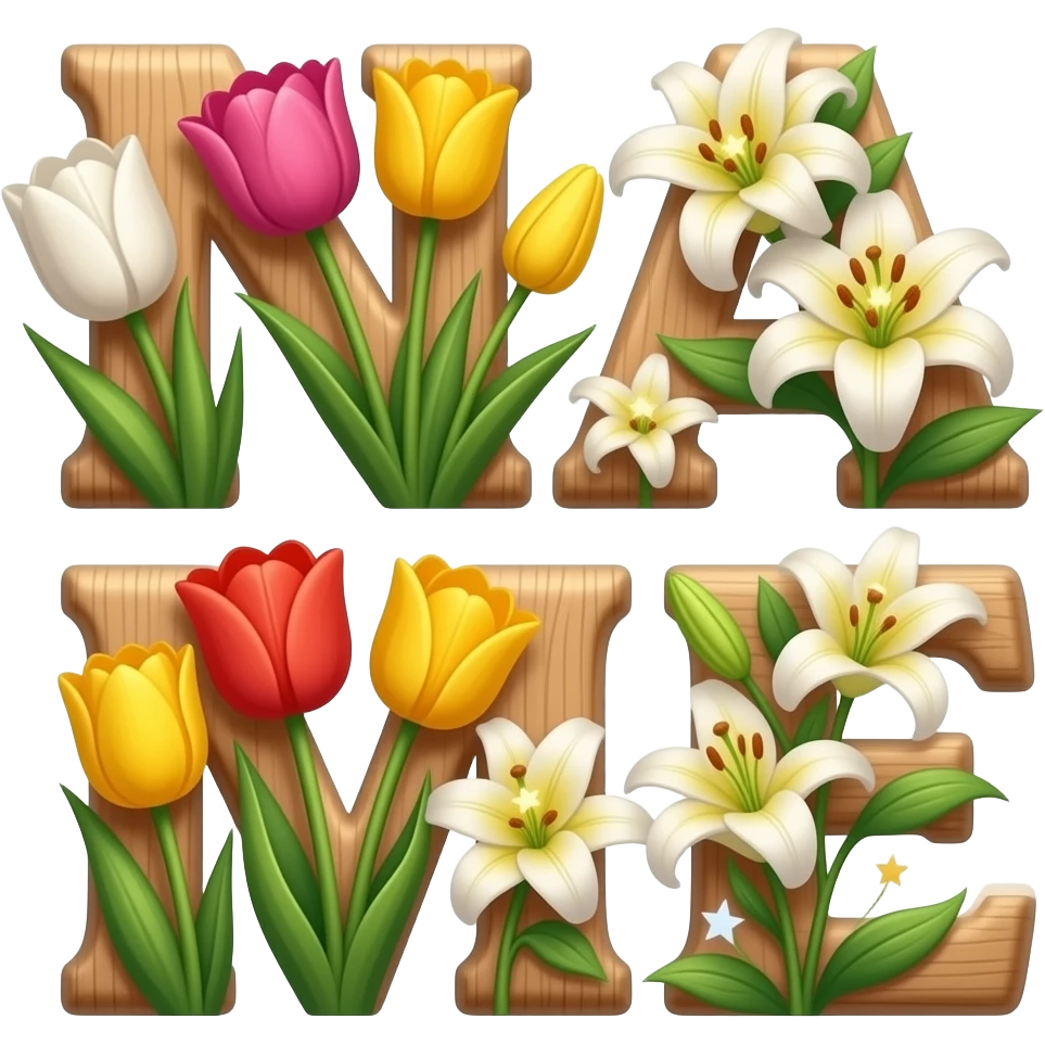 A text 'NAME' formed from tree wood. Vibrant tulips and lilies bloom from the letter, each flower center glowing like a tiny star. Dreamy atmosphere, hyper-realistic, soft pastel colors emoji