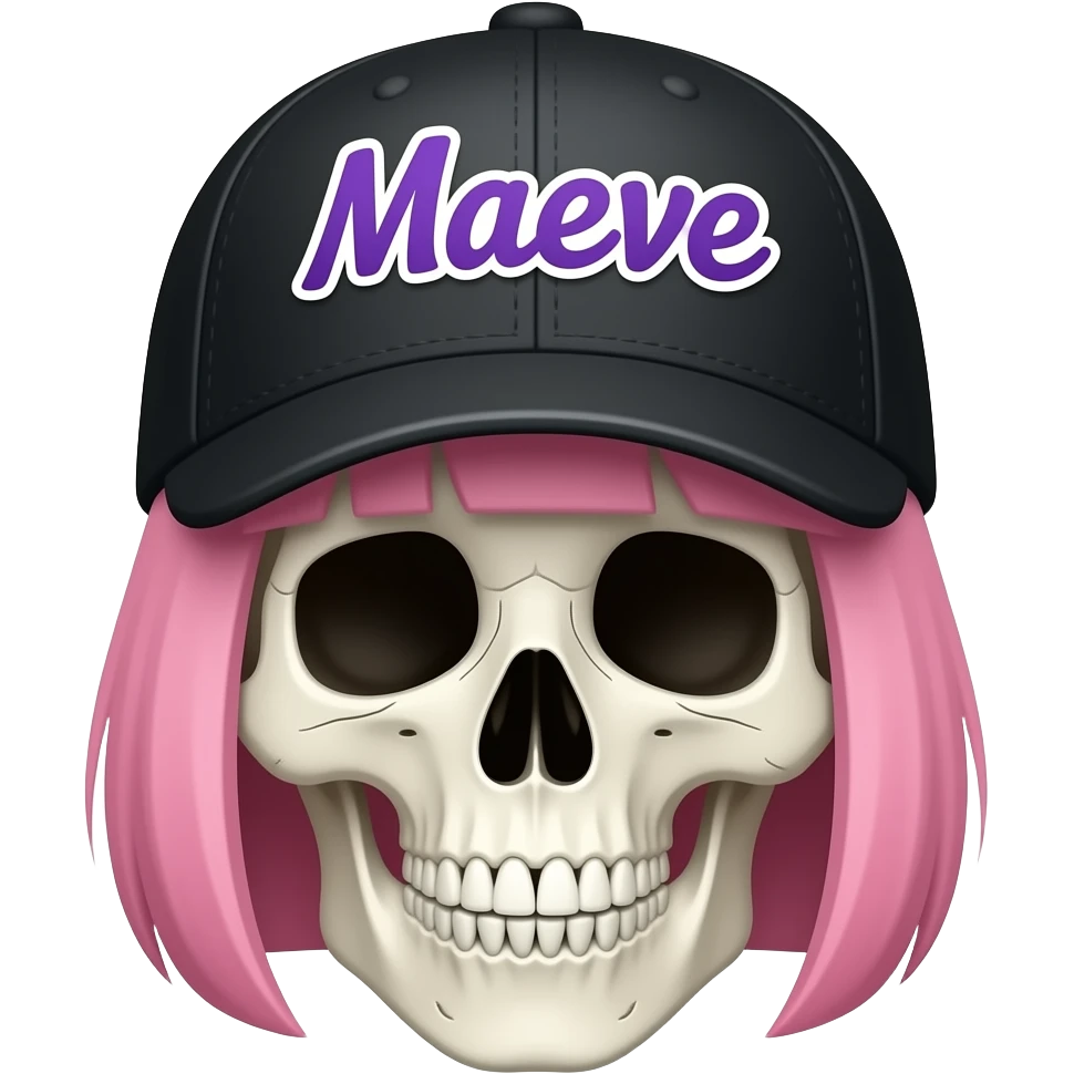 A skeleton head thats wearing a black baseball cap that says "Maeve" with purple lettering and white bordering, with short pink hair emoji
