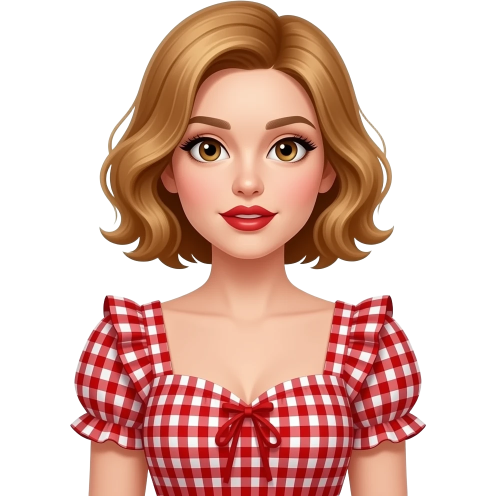 white, very beautiful woman, with big plump red lips, long long lashes, honey wavy short hair, hazel eyes. A look of wonder in her eyes. full body.  Wearing a red frilled gingham dress emoji
