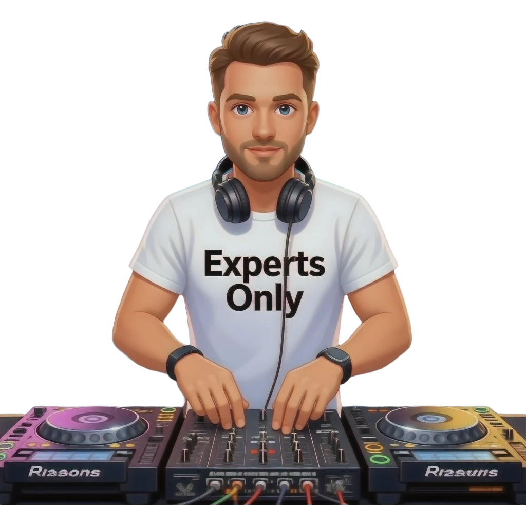 white guy djing festival with shirt that says experts only emoji