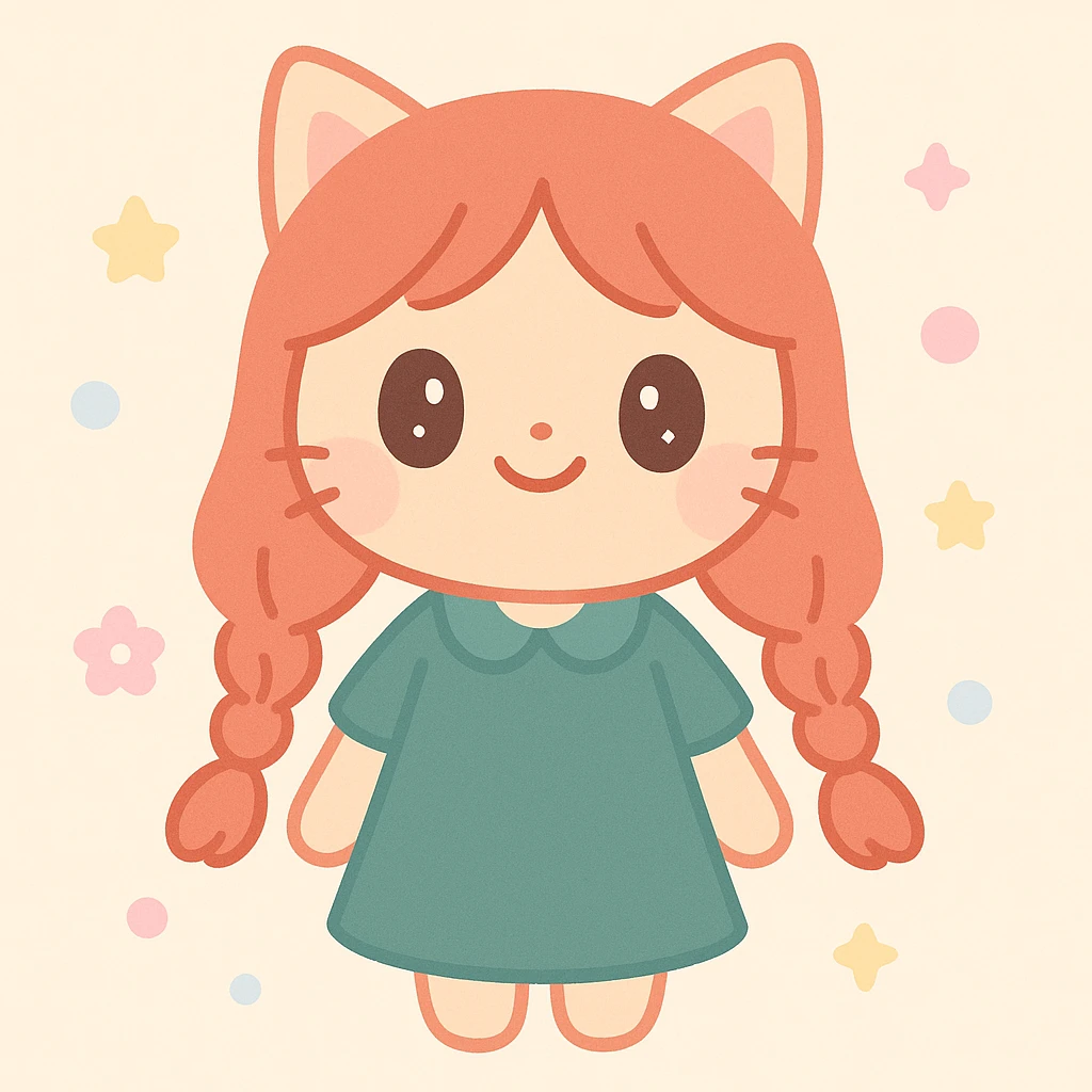 catgirl with long red hair in two braids, dark green dress, anime style, cheerful expression emoji