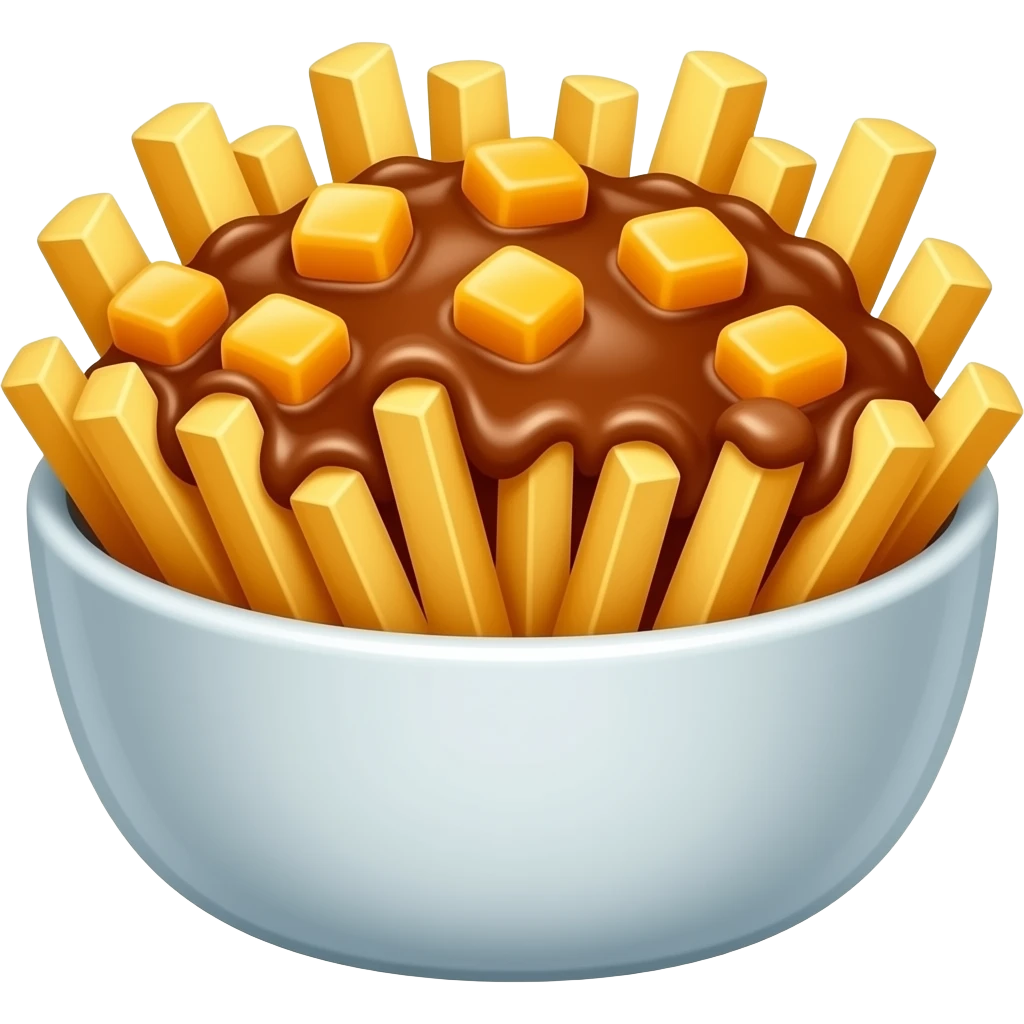 Bowl with fries and cheese curds on top covered in brown gravy emoji