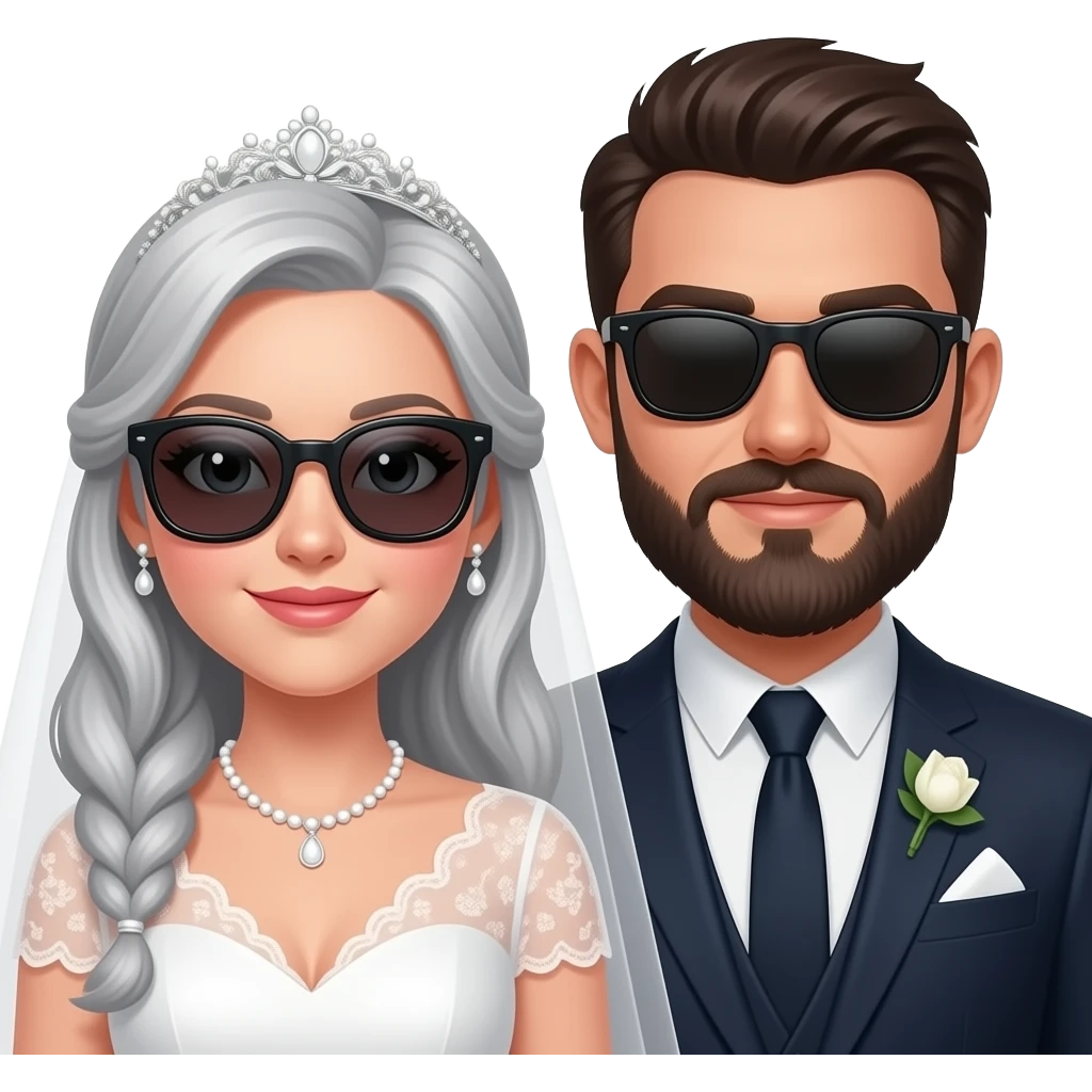 Grey haired bride with no sunglasses and a dark haired, bearded groom with sunglasses on emoji