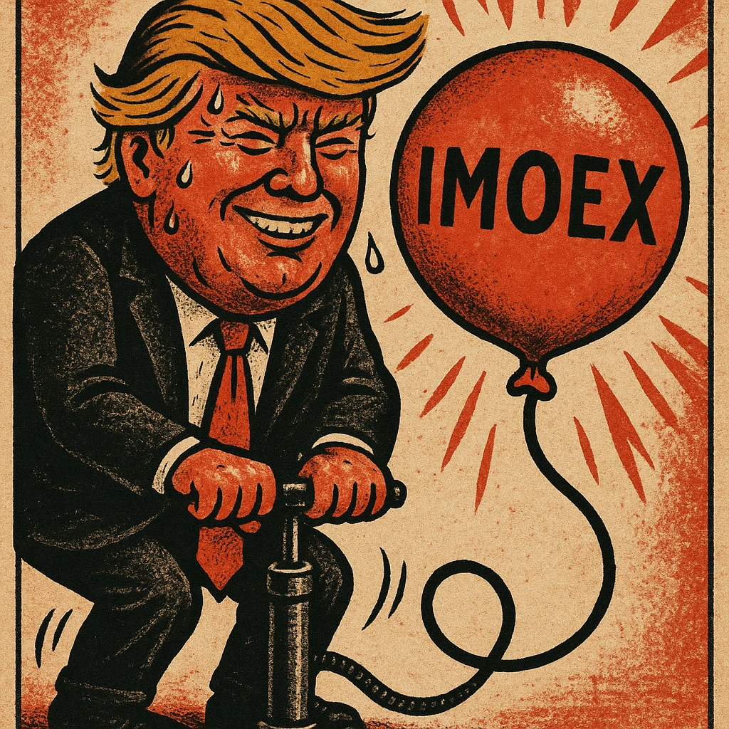 Дональд Трамп в стиле пропагандисткой карикатуры улыбается в поте лица качает через насос, который подключен к шарику, который символизирует фондовый рынок и на нём написано IMOEX emoji