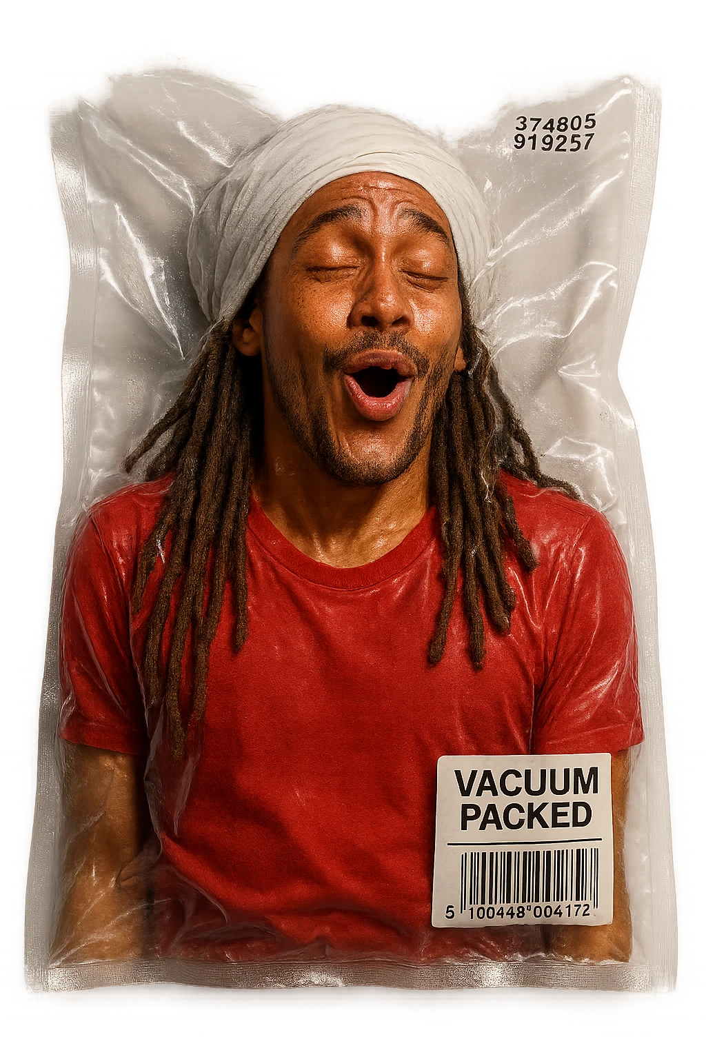 Brownskin man with long brown dreadlocks 
red t-shirt 
white turban 
expression is in love 
his eyes mouth open  emoji