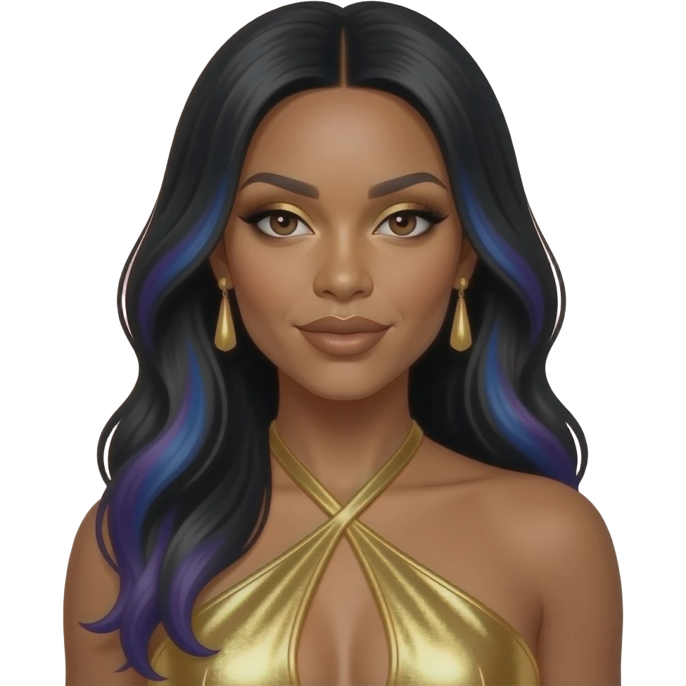 Tenitra Michelle Williams from Destiny's Child with dark brown eyes, long black hair with blue-violet highlights, gold eyeshadow, bronze lipstick, gold metallic halter dress, gold earrings emoji