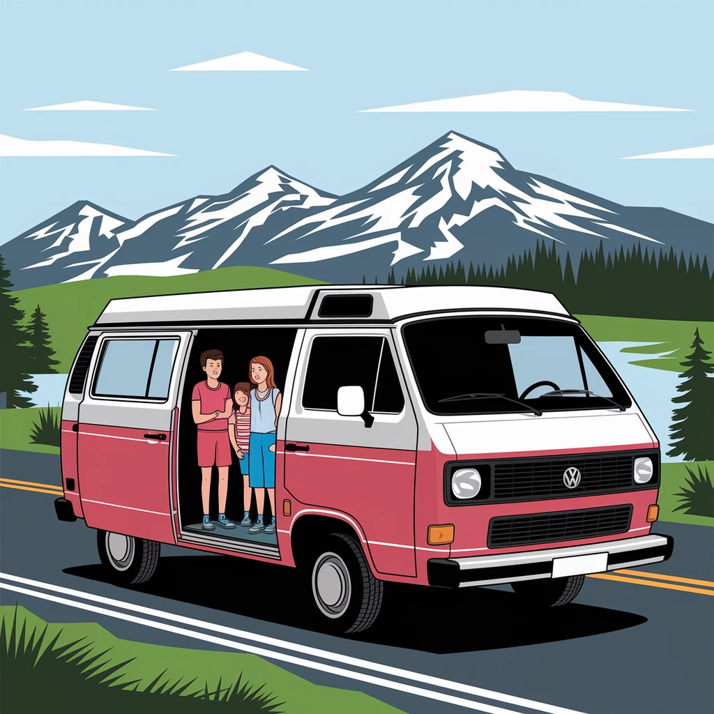color vector art with thin outline of family on road trip with volkwagon van emoji