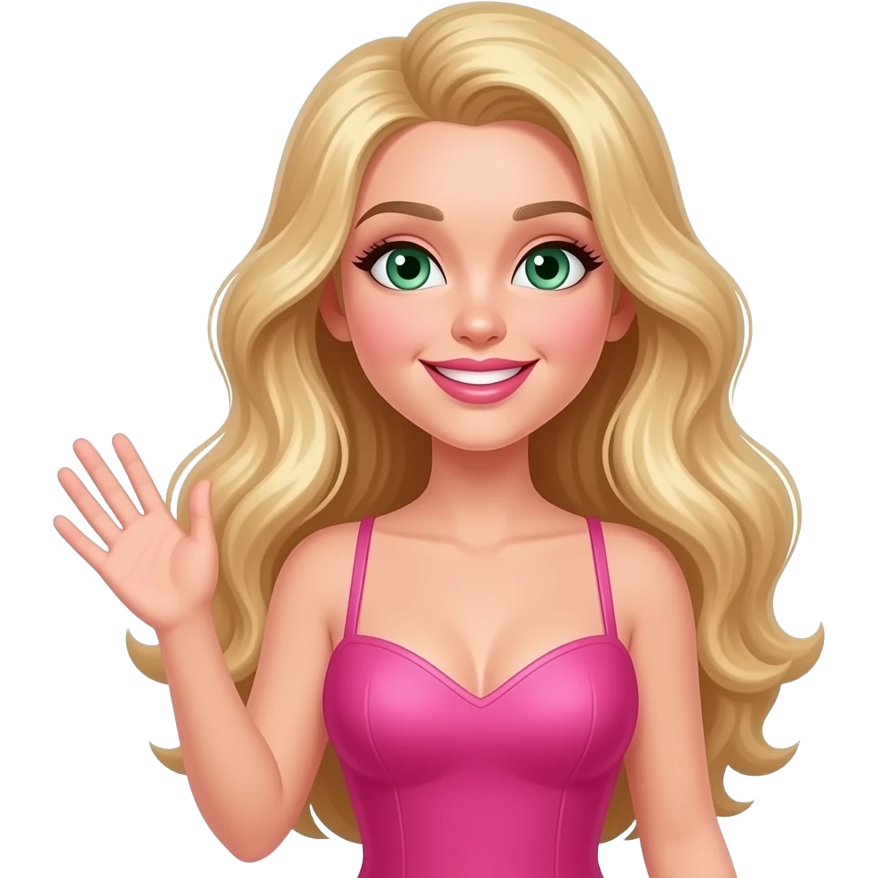White girl, green eyes, very long wavy blonde hair, pink lips, sexy pink dress, smiling and waving. emoji