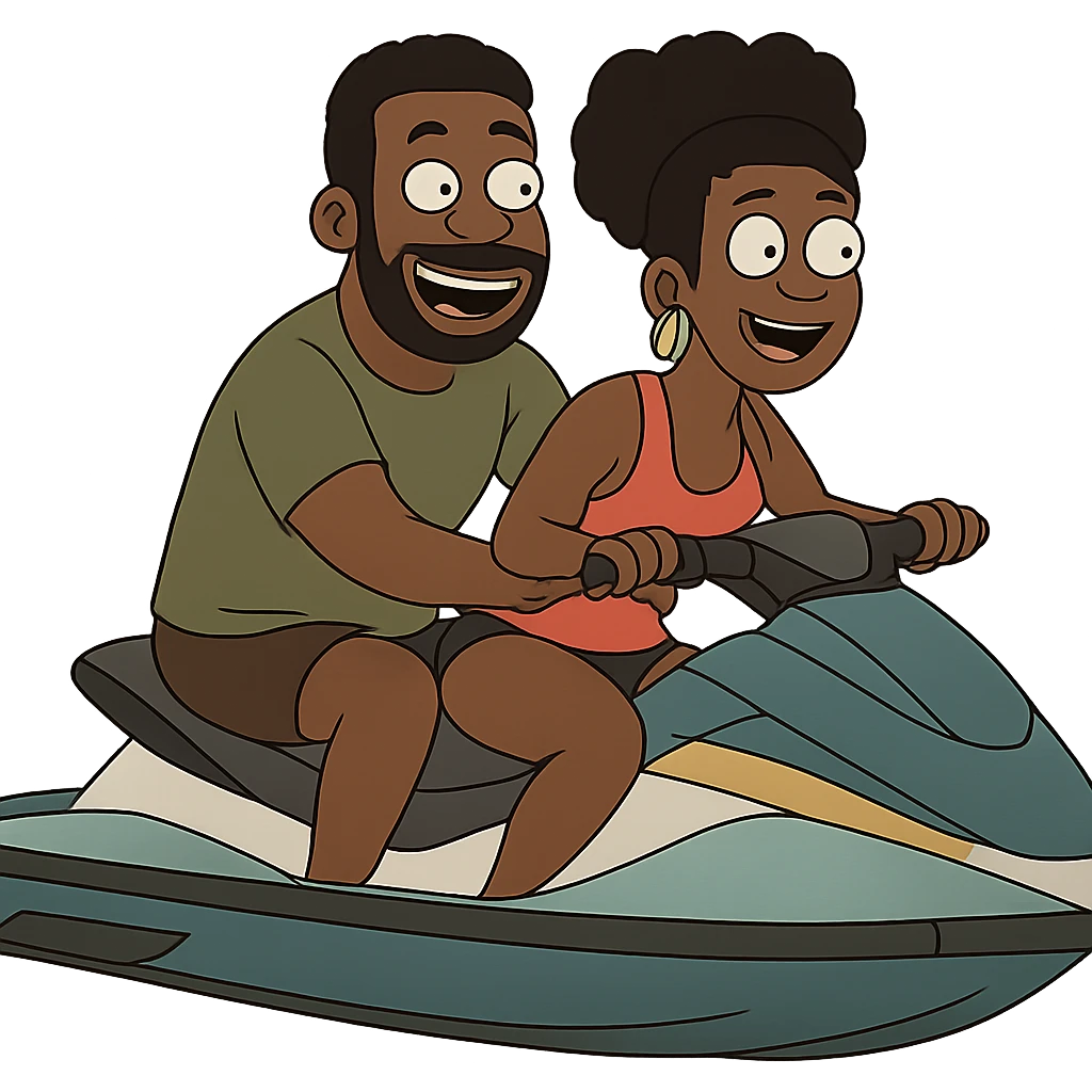 black man with a black woman on a jet ski emoji